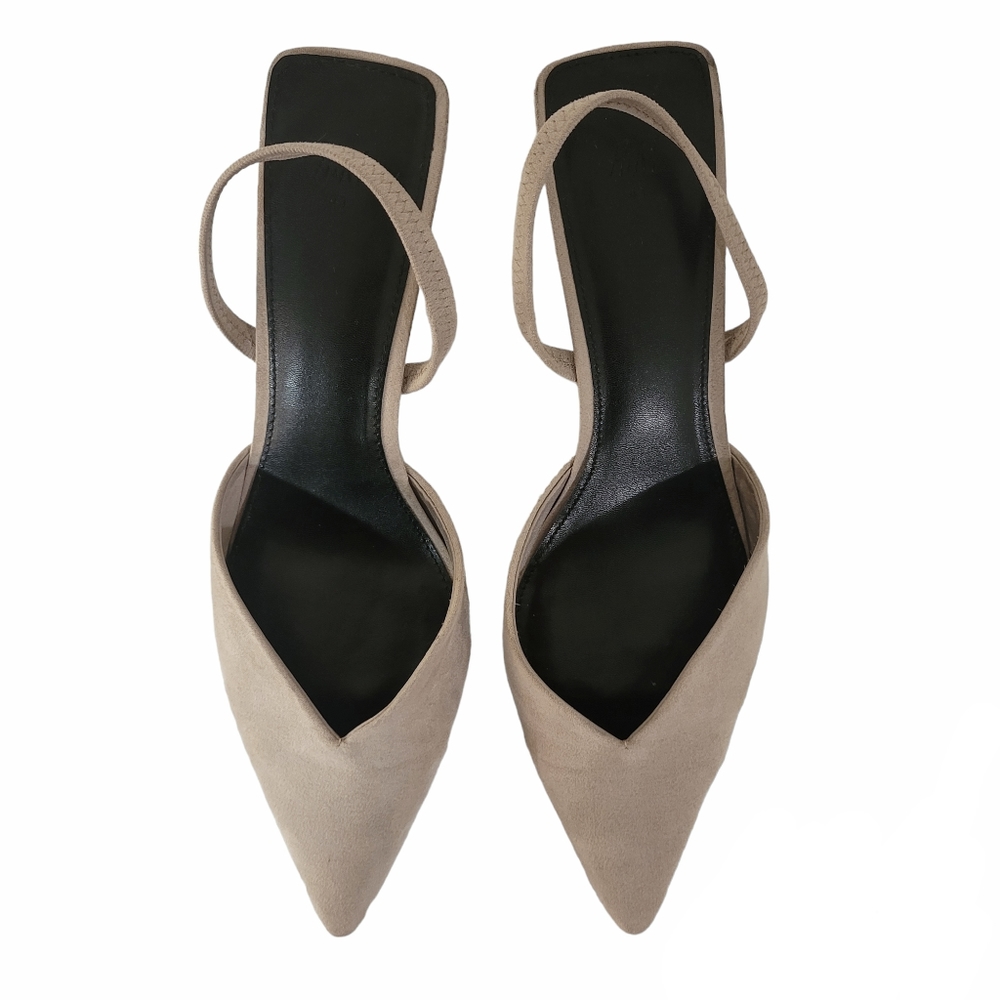 H&M faux-suede warm light grey minimalist pointed toe slingback heel sz 10